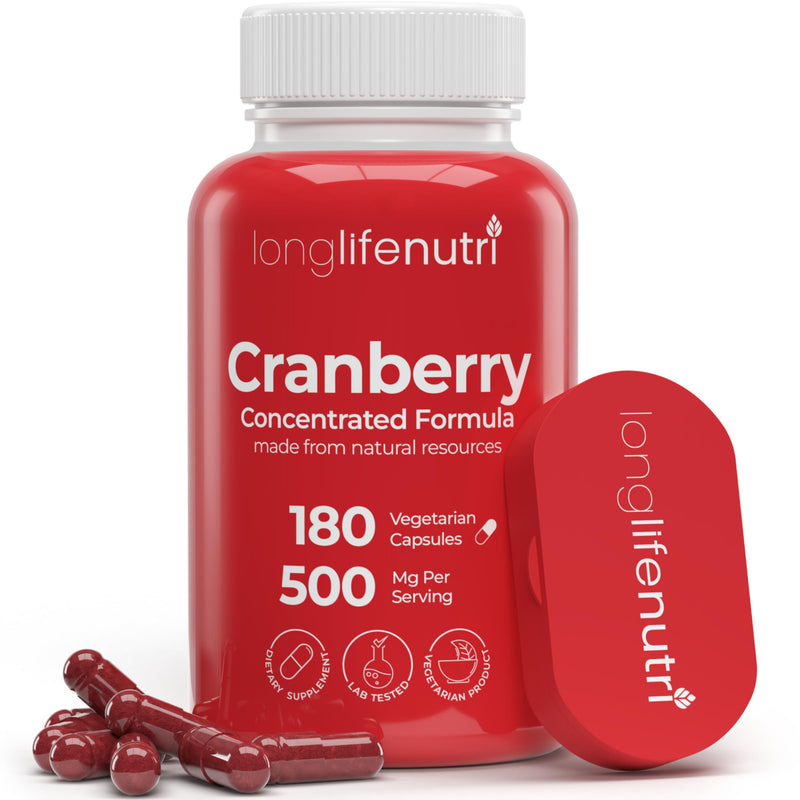Cranberry Extract with Vitamin C & E - Pure Concentrated Formula, 500mg per Serving, 180 Vegetarian Capsules, Urinary Tract Health & Bladder, 6 Month Supply, Made in USA