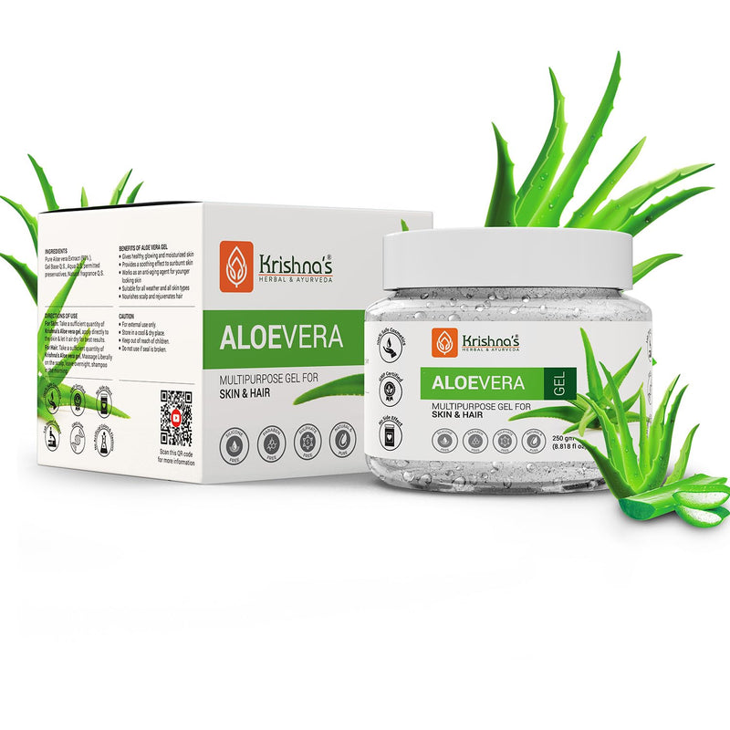 KRISHNA'S HERBAL & AYURVEDA Aloe Vera Gel, Pure Non-Sticky Transparent 3 In 1 Aloe Fresh Soothing Gel For Skin, Body & Hair, Vitamin E Natural Emollients, Dark Spots And Acne 250 g (Pack of 1) White