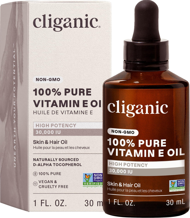 Cliganic Pure Vitamin E Oil for Skin, Scars, Hair & Face - 30,000 IU, Non-GMO Verified | Natural D-Alpha Tocopherol 1 Fl Oz (Pack of 1)