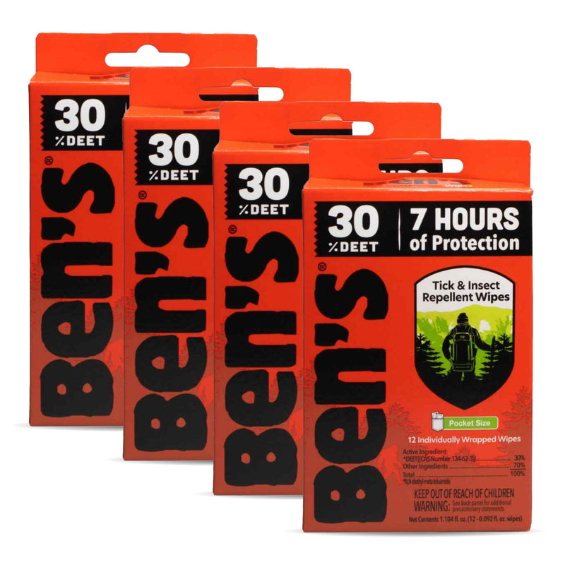 [Australia] - Ben's Tick & Insect Repellent Wipes - 30% DEET for Mosquitoes, Ticks & More - Up to 7 Hours of Protection - Alcohol- & Fragrance-Free - 12 Wipes (4 Pack) 