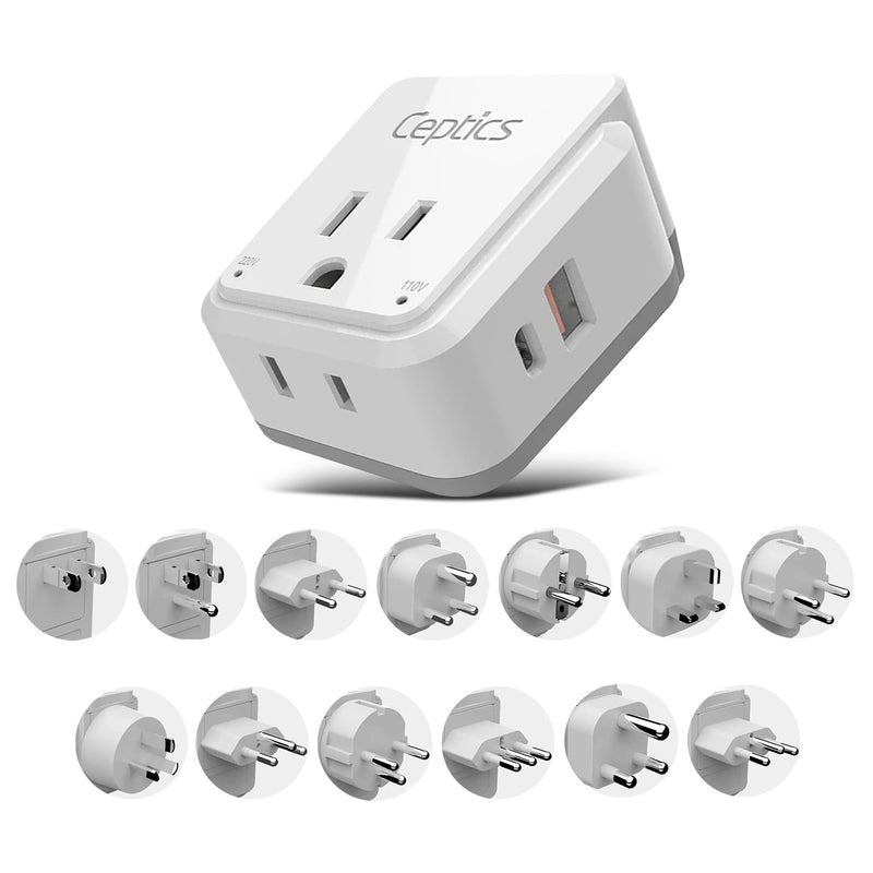 Ceptics International Power Plug Adapter Travel Set, 20W PD & QC, Safe Dual USB & USB-C 3.1A - 2 USA Outlet - Compact - Use Europe, Asia, Africa In Worldwide - Includes 13 Type SWadAPt Attachments Cherry White