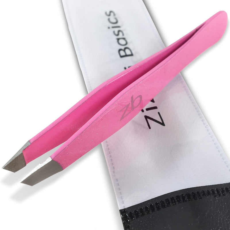 Tweezers – Surgical Grade Stainless Steel - Slant Tip for Expert Eyebrow Shaping and Facial Hair Removal – with Protective Pouch (Bubblegum Pink) Bubblegum Pink