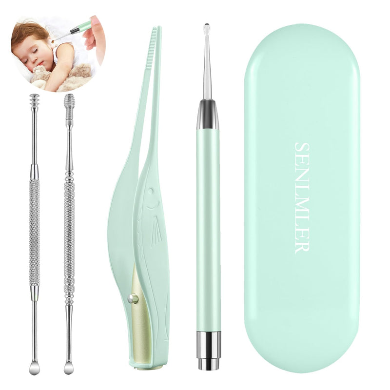 [Australia] - 4 Pack Ear Wax Removal Tool Kit with Light, Ear Pick Ear Cleaning Tools Set for Kids and Adults, Ear Picks Digger & Tweezers & Spiral Spring Ear Spoon with Storage Box (Green) Green 