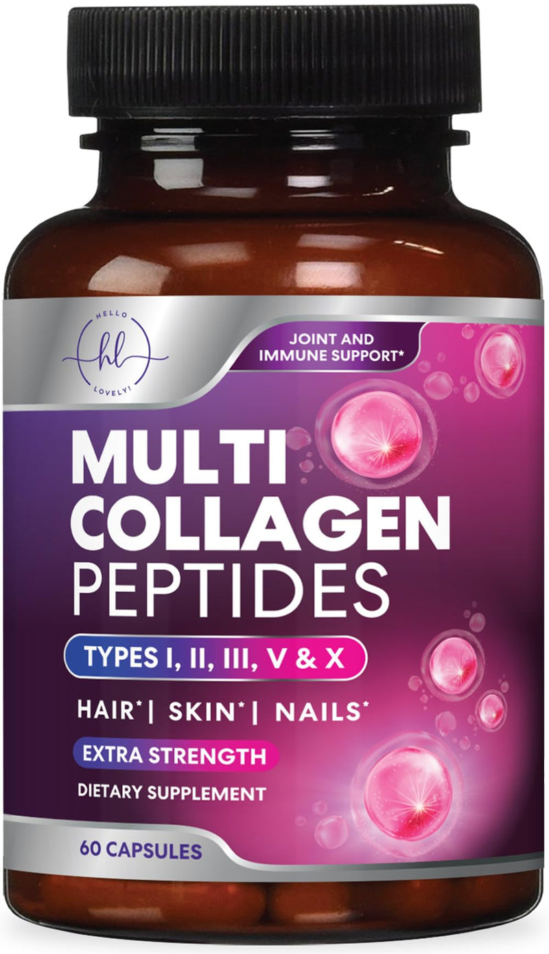 Multi Collagen Peptides - Hydrolyzed Collagen Types I, II, III, V, X - Best Hair, Skin, Nail & Joint Support for Women - Complete Collagen Peptide Supplement - Non-GMO, Bottled USA - 60 Capsules 60 Count (Pack of 1)
