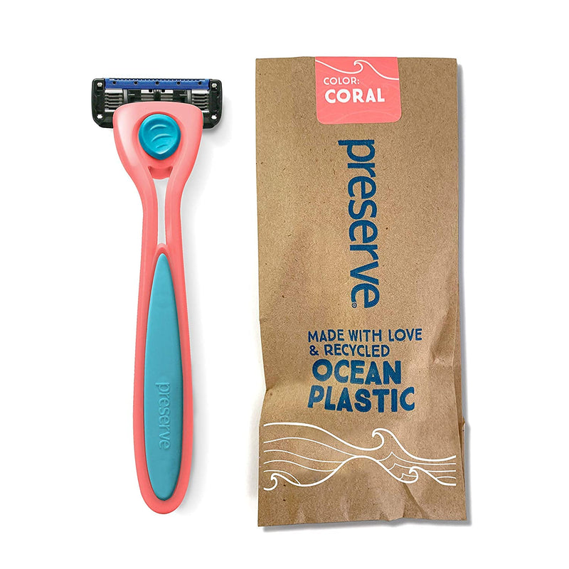 [Australia] - Preserve POPi Shave 5 Razor System Made with Recycled Ocean Plastic and 5-blade cartridge, Coral Pink, 1 Count Recycled Ocean Plastic: Coral Pink 