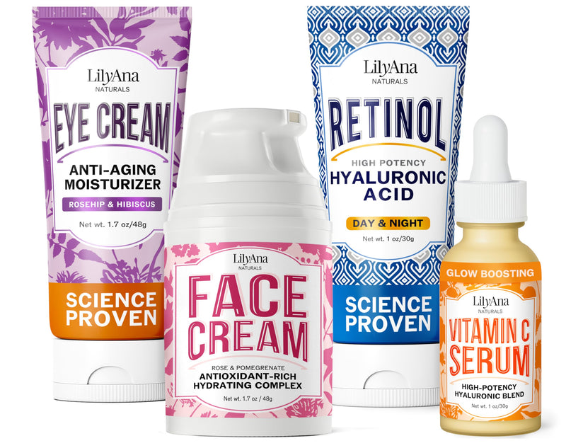 LilyAna Naturals Skincare Gift Set - Retinol Cream, Vitamin C Serum, Eye Cream and Face Cream Moisturizer - Anti Aging Skin Care Sets for Women | Includes Retinol Cream, Vitamin C Serum, Eye Cream and Face Moisturizer for women.