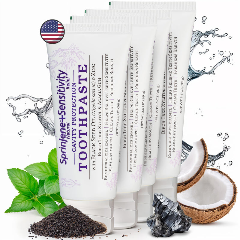 [Australia] - SprinJene Natural Sensitivity Relief Toothpaste – Fluoride Toothpaste for Sensitive Teeth & Cavity Protection – SLS Free with Patented Black Seed Oil & Zinc – Made in The USA (4 Pack) Mint - Sensitivity Relief Cavity Protection Pack of 4 