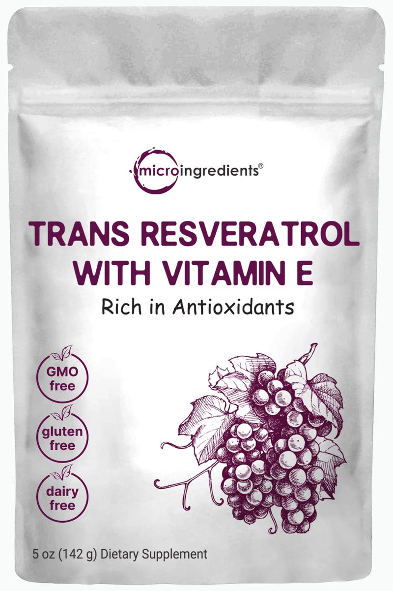 [Australia] - Pure Trans-Resveratrol Powder with Natural Vitamin E, 5 Ounce, 2 in 1 Formula, Micronized Powder for Better Absorption, Premium Resveratrol Supplement, Super Antioxidant, Vegan Friendly 