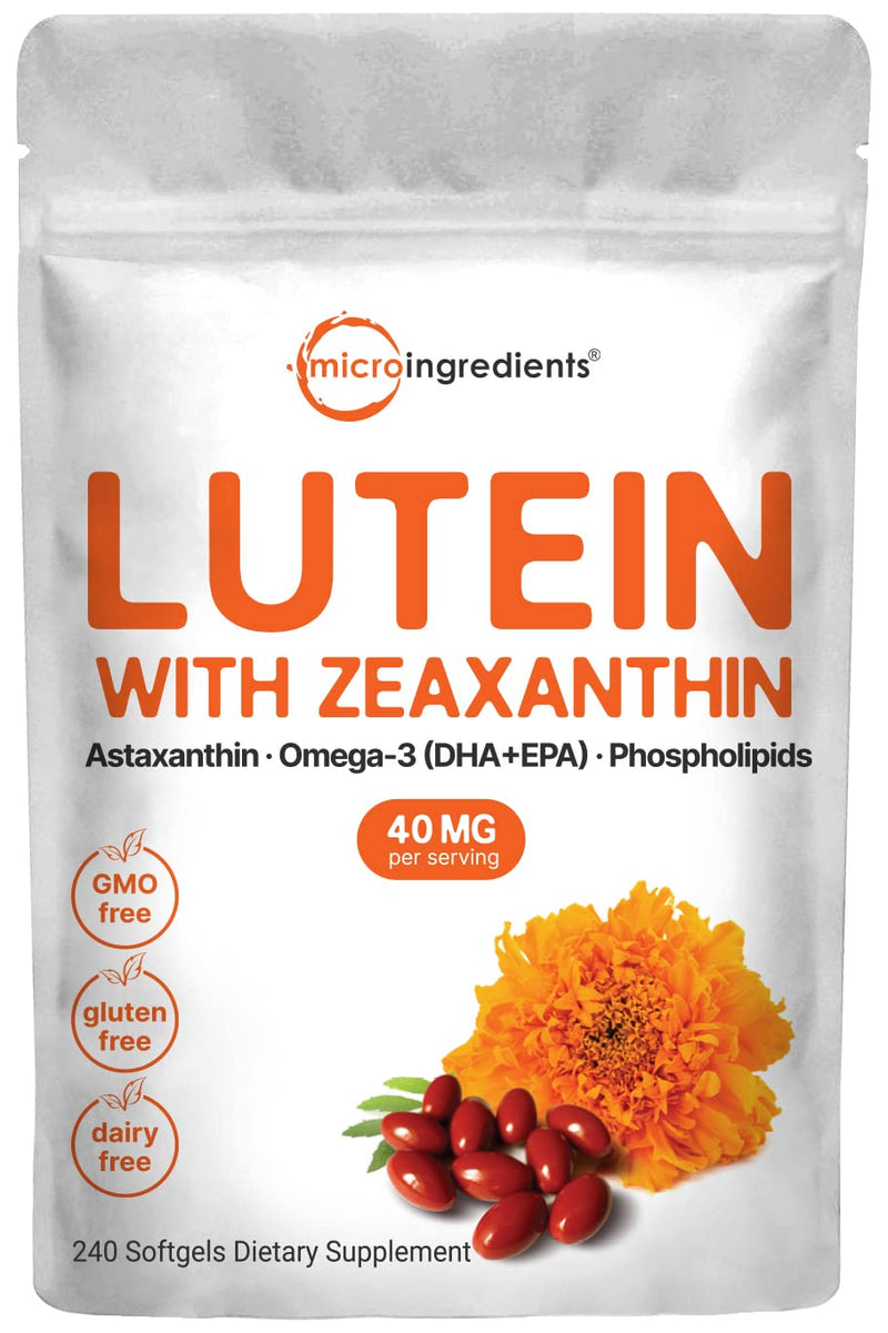[Australia] - Micro Ingredients Lutein & Zeaxanthin 40mg Softgels, 240 Count, with Astaxanthin, Omega-3s, & Phospholipids | Eye + Vision Health Vitamins | Third Party Tested, Non-GMO, Gluten Free 