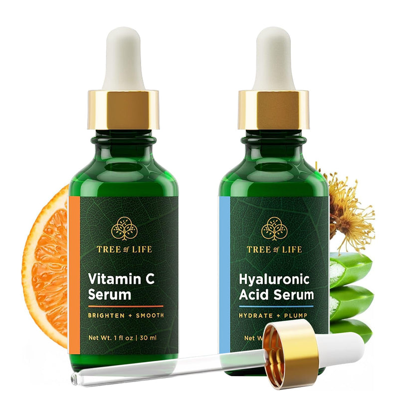 Tree of Life Face Serum Skin Care, Facial Serum for Women and Men, Set of 2 | Hydrating facial serum set. Includes Vitamin C and Hyaluronic Acid serum for brightening and firming.