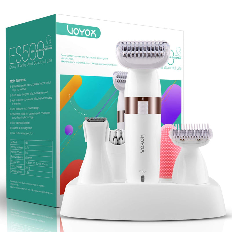 [Australia] - VOYOR Electric Shaver for Women Bikini Trimmer Hair Remover for Face Body, 5 in 1 Groomer Kit Lady Shaver Bikini Razor Women for Hair Trimmer, Cordless Rechargeable Waterproof ES500 