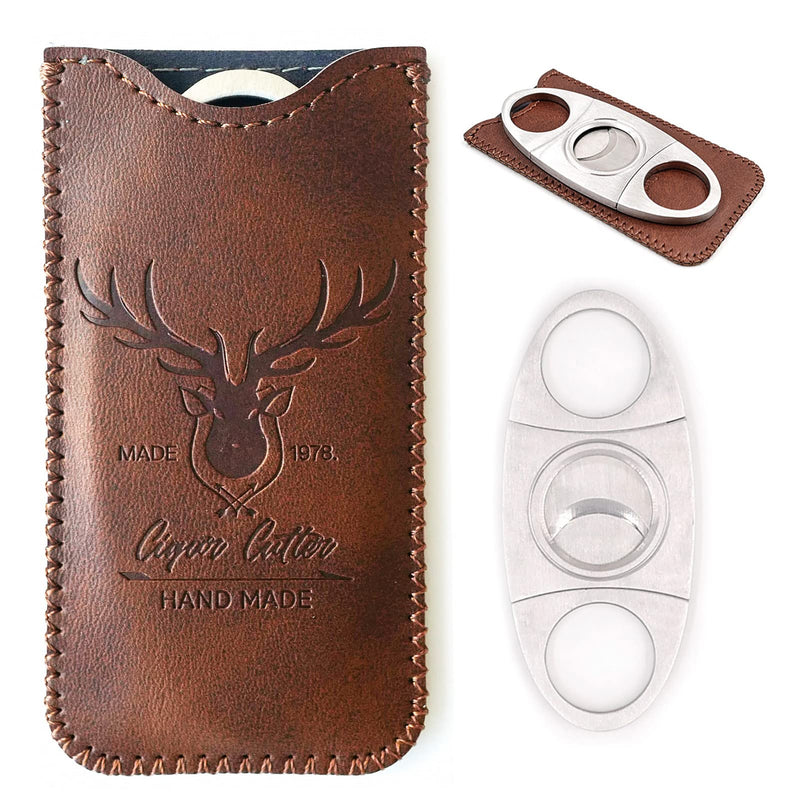 [Australia] - Stainless Steel Cigar Cutter with Leather Case,Double Blade for a Precise Perfect Cut(Brown deer) Brown Deer 