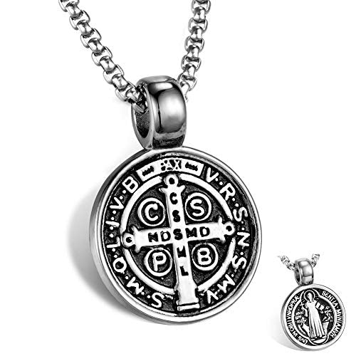 St Benedict Exorcism Medal Necklace for Men Catholic Cross Pendant White