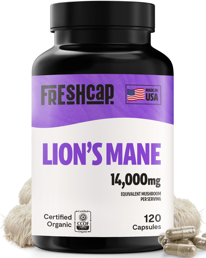 [Australia] - FreshCap Mushrooms Lions Mane Supplement Capsules 14,000mg - Lion's Mane, High Potency Extract, 14:1 Organic Mushroom Supplement, Ayurveda Focus Made in USA (120 Capsules) 120 Count 
