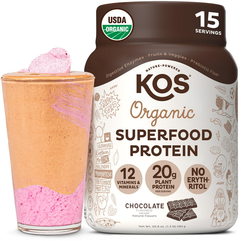 KOS Plant Based Protein Powder, Chocolate USDA Organic - Low Carb Pea Protein Blend, Vegan Superfood with Vitamins & Minerals - Keto, Soy, Dairy Free - Meal Replacement for Women & Men - 15 Servings 20.6 Ounce (Pack of 1)