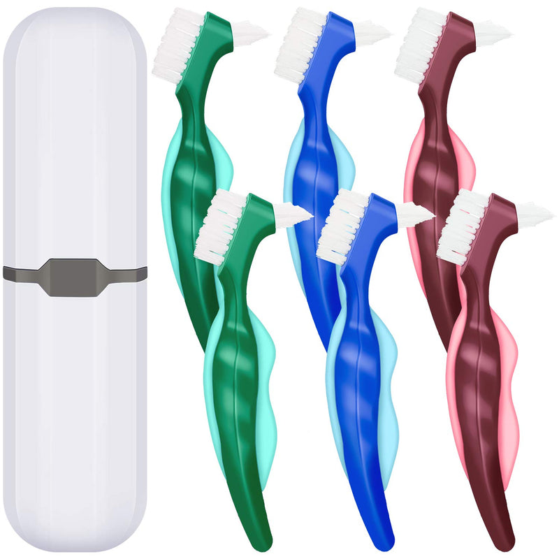 [Australia] - WILLBOND 6 Pieces Denture Brushes Retainer Brush Cleaning Hard Denture Toothbrush with White Carrying Case for False Teeth Cleaning(Red, Green and Blue) Red, Green and Blue 