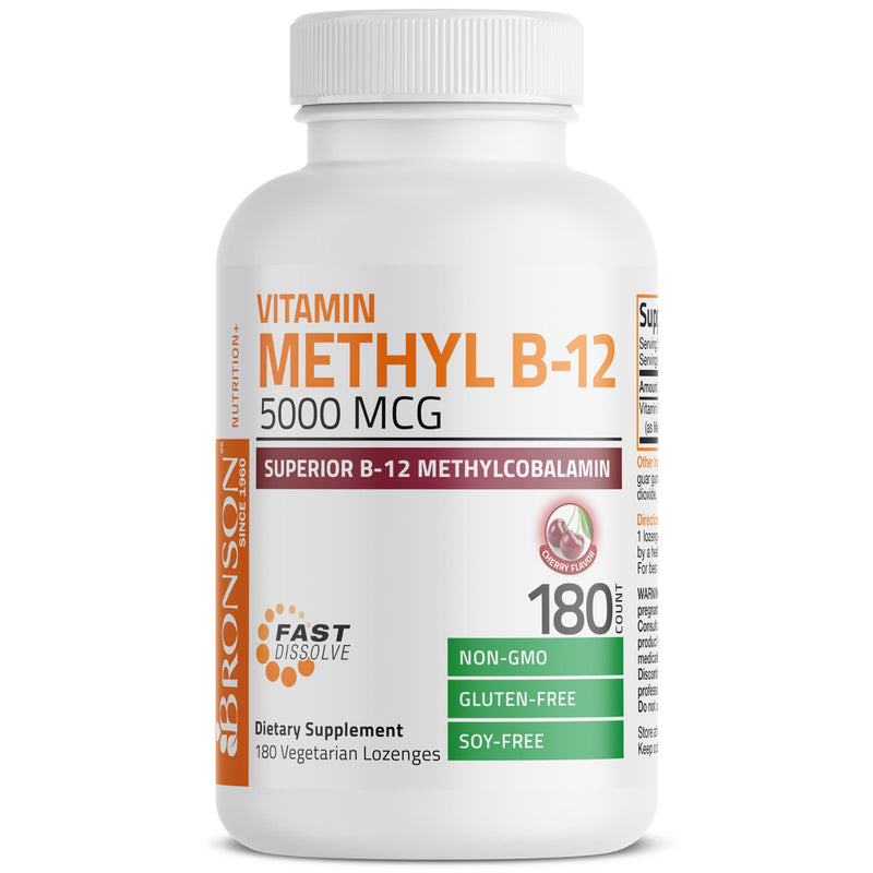 Bronson Methyl B12 5000 mcg Methylcobalamin Sublingual, 180 Lozenges | Fast Dissolve Cherry Flavor, Energy, Brain & Nervous System Support, Vegan, Non-GMO, Gluten-Free & Soy-Free 180 Count (Pack of 1)