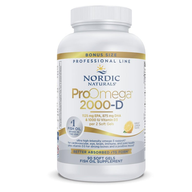 Nordic Naturals ProOmega 2000-D, 2150mg + 1000 IU D3, Lemon - 90 Count | Ultra high-potency EPA & DHA plus vitamin D3 for brain, heart & immune health. 2150 mg omega-3 + 1000 IU D3. Non-GMO 90 Count (Pack of 1)