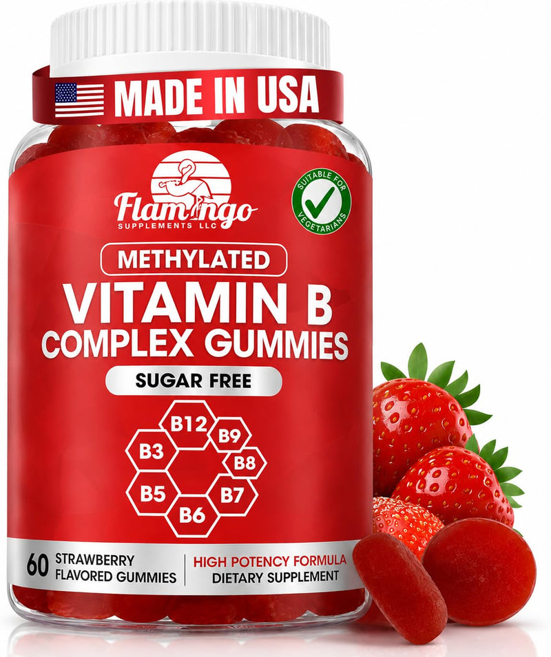 Sugar Free Methylated Vitamin B Complex Gummies for Energy Support - Vitamin B12, B6, B7 Biotin, B9 Folate, B3 Niacin & B5 - Vegan, Third Party Tested - Prenatal & Older Adults - 60 Gummies
