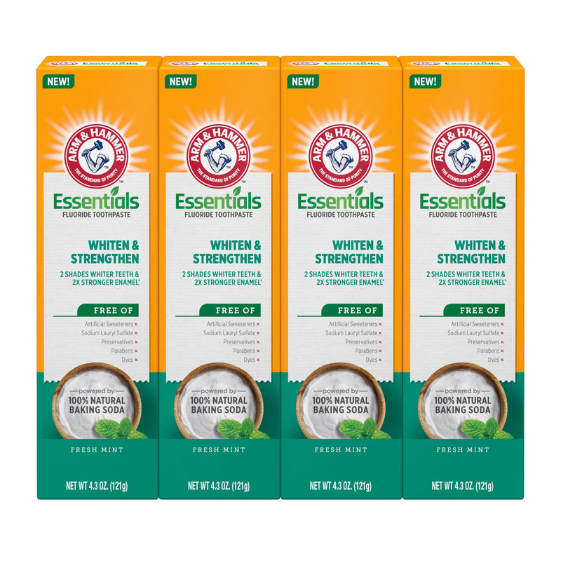 [Australia] - ARM & HAMMER Essentials Whiten & Strengthen Fluoride Toothpaste-4 Pack of 4.3oz Tubes, Fresh Mint- 100% Natural Baking Soda- Fluoride Toothpaste 