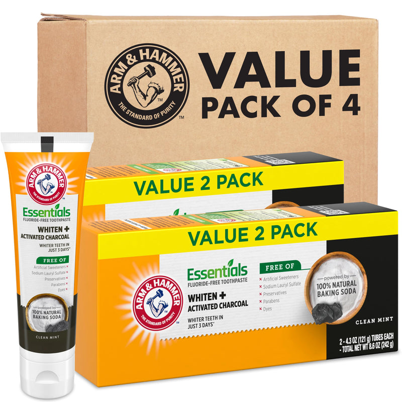 ARM & HAMMER Essentials Fluoride-Free Toothpaste, Whitening + Activated Charcoal Toothpaste, 4 Pack of 4.3oz Tubes, Clean Mint, 100% Natural Baking Soda 4.3 Ounce (Pack of 4)
