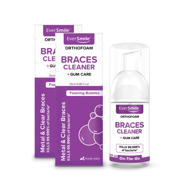 EverSmile OrthoFoam Braces Cleaner — Travel Size – Brushable Foam Whitens Teeth, Eliminates Bacteria, Fights Plaque and Bad Breath – Cleans Under Metal, Ceramic, Clear Brackets and Wires – 25ml(2 Pk) 0.85 Fl Oz 2 Pack