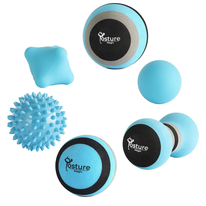 [Australia] - Massage Ball Set for Myofascial Trigger Point Release & Deep Tissue Massage - Set of 6 - Large Foam/Small Foam/Lacrosse/Peanut/Spiky/Hand Exercise Ball (Blue) Blue 