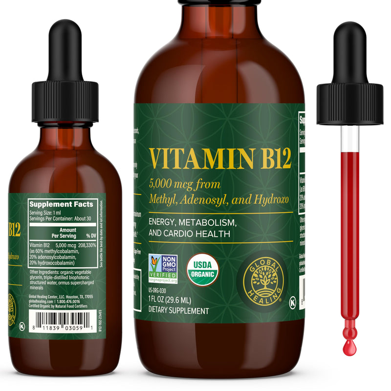 Vitamin B12 5000mcg Sublingual Liquid Drops, Methylcobalamin, Vegan (1 Oz) | Global Healing B12 Vitamins Sublingual Methylcobalamin Vitamina Para Mujer 1 Fl Oz