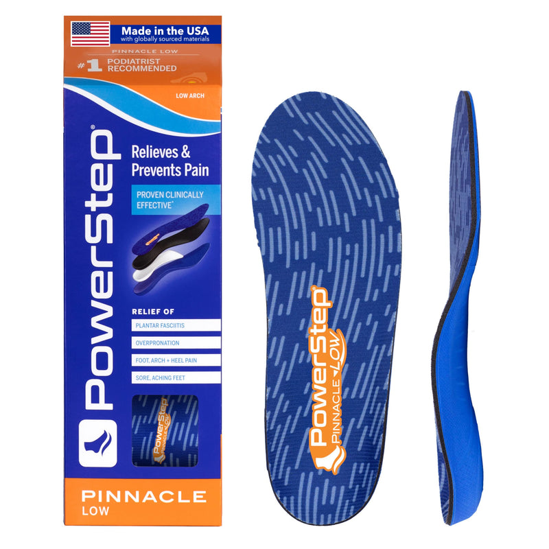 [Australia] - PowerStep Pinnacle Low Insoles, Supports Flat Feet, Plantar Fasciitis Relief, Overpronation, Arch Support, Heel Pain, All Day Comfort for Men and Women, Made in The USA Blue/Orange Men's 12-13 