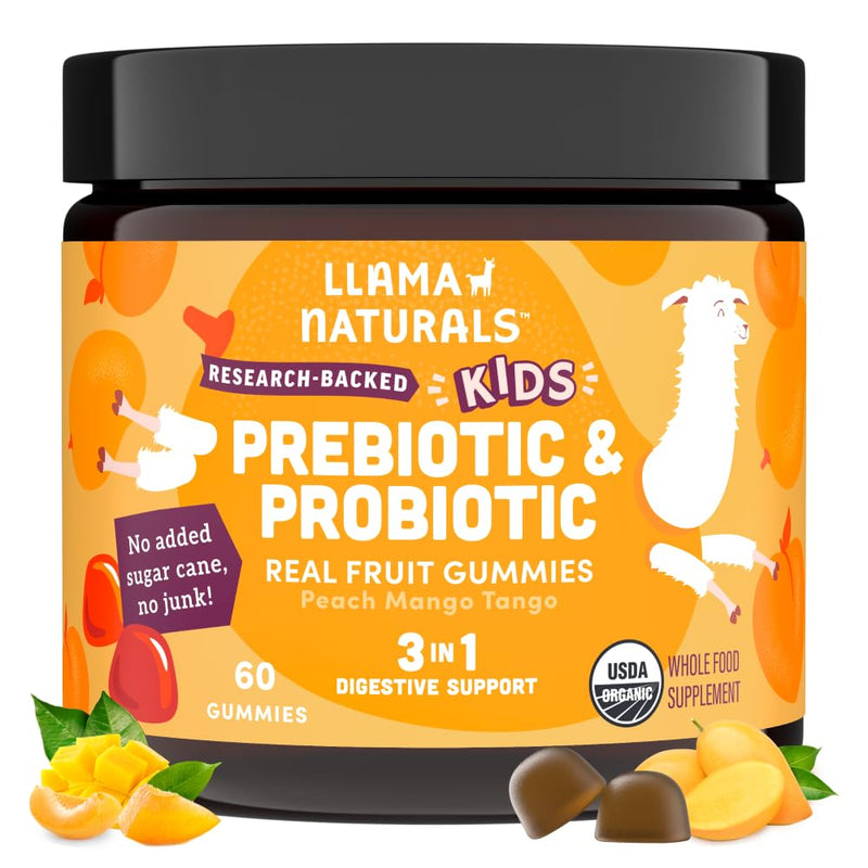 [Australia] - Llama Naturals Real Fruit Prebiotic & Probiotic Kids Gummies, No Added Sugar Cane, Vegan Organic Synbiotics, Children Digestion, Toddler Tummy Aches, Gut Health, 2B CFU, 60 ct (30 Days) Peach Mango Kids Peach Mango 60 Count (Pack of 1) 