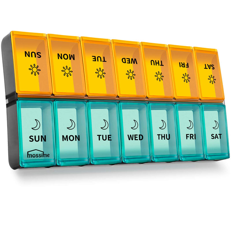 [Australia] - Mossime XL Large Daily Pill Organizer 2 Times a Day, Extra 7 Day Pill Box Am Pm, Weekly Day Night Vitamin Holder, Medicine Organizer, Big Pill Container, Medication Dispenser 14 Compartments Blue-orange 