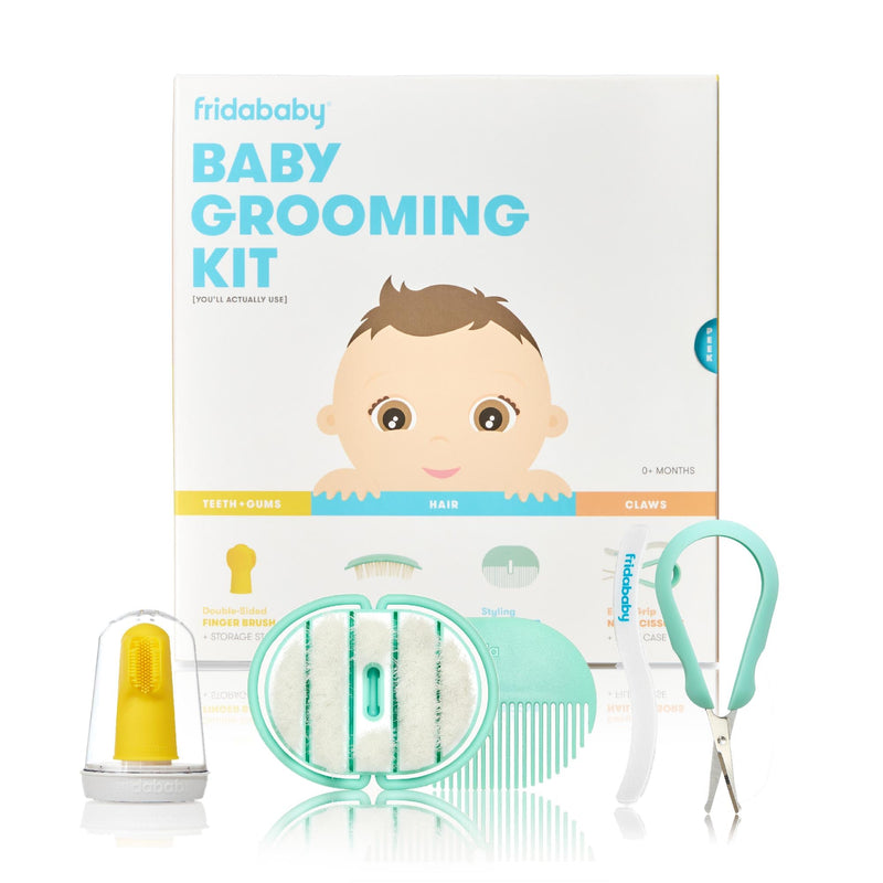 [Australia] - Frida Baby Grooming Kit | Baby Essentials Gift Set Includes Finger Brush with Storage Stand, Hair Brush with Case, Styling Hair Comb, Easy Grip Nail Scissors with Nail File and Case 