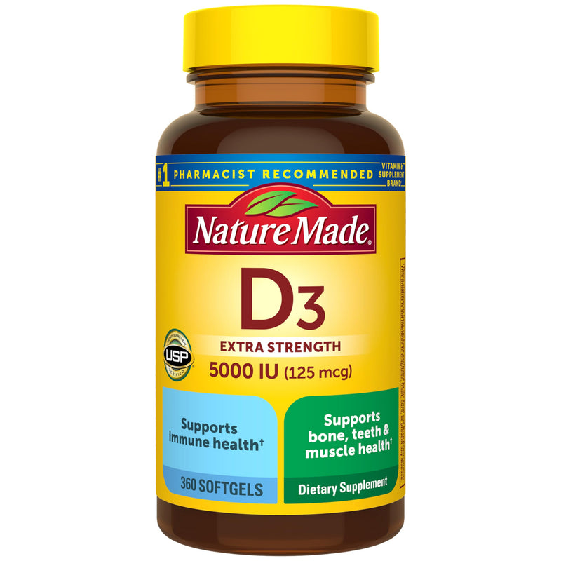 Nature Made Vitamin D3 5000 IU (125 mcg), 360 Vitamin D Softgels | Extra Strength Vitamin D Supplement for Immune, Bone, Teeth and Muscle Health Support, 360 Day Supply 360 Count (Pack of 1)