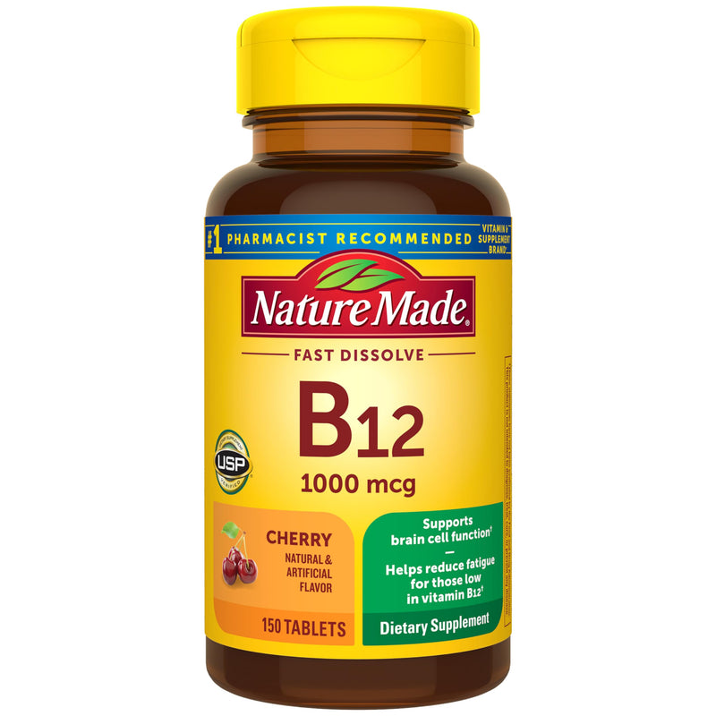 Nature Made Vitamin B12 1000 mcg Fast Dissolve Tablets, 150 Tablets | Easy to Take Vitamin B12 Sublingual Tablets for Energy Metabolism Support for Men and Women, Sugar Free, 150 Day Supply Cherry 150 Count (Pack of 1)