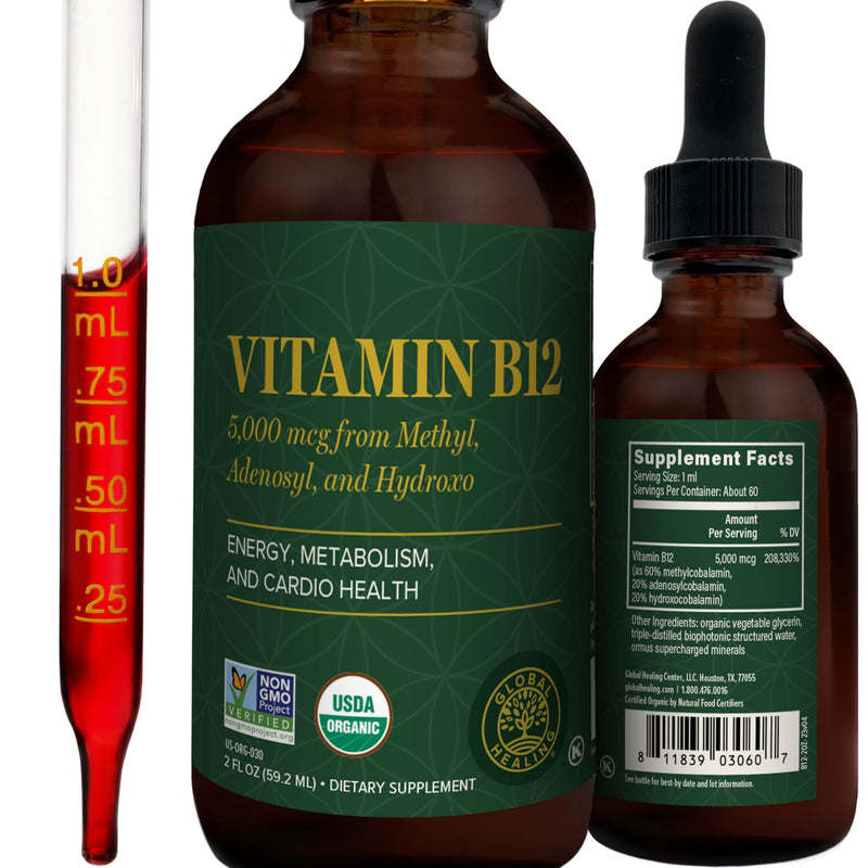 Vitamin B12 5000mcg Sublingual Liquid Drops, Methylcobalamin, Vegan (2 Oz) | Global Healing B12 Vitamins Sublingual Methylcobalamin Vitamina Para Mujer 2 Fl Oz (Pack of 1)