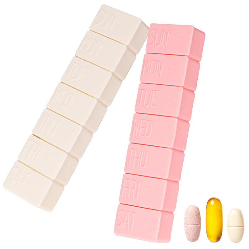 2Pack Weekly Pill Organizer,Extra Large 7 Days Cute Pill Cases Travel Daily Pill Box for Vitamin Medicine Fish Oil, Calcium Tablets Supplements Pink + White