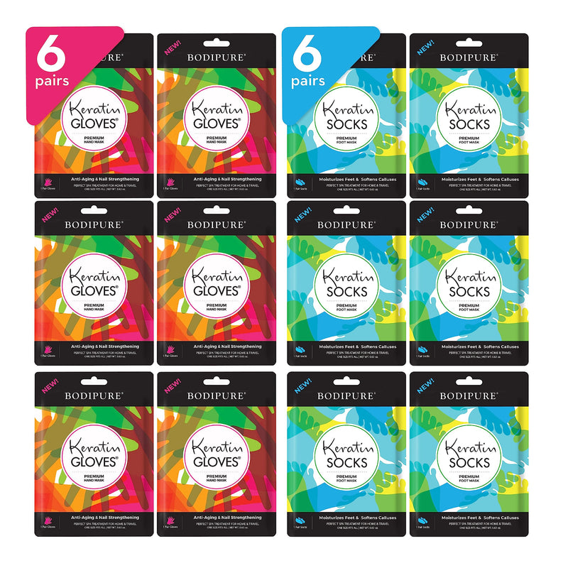 [Australia] - Bodipure Premium Hand and Foot Mask | Moisturizing Kertain Gloves & Socks | Hydrating Dull Dry Hands, Cracked Heels, Callus Softening & Nail Strengthening | Chemical-Free Feet Treatment | (6+6 Pack) 
