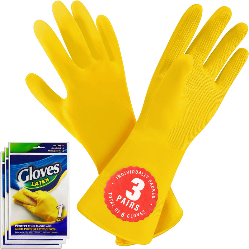 [Australia] - SteadMax 3/6 Pairs Cleaning Gloves, Reusable Natural Rubber Dish Gloves, Latex Non-Slip Gloves for Kitchen and Household… Large 3 Pack 