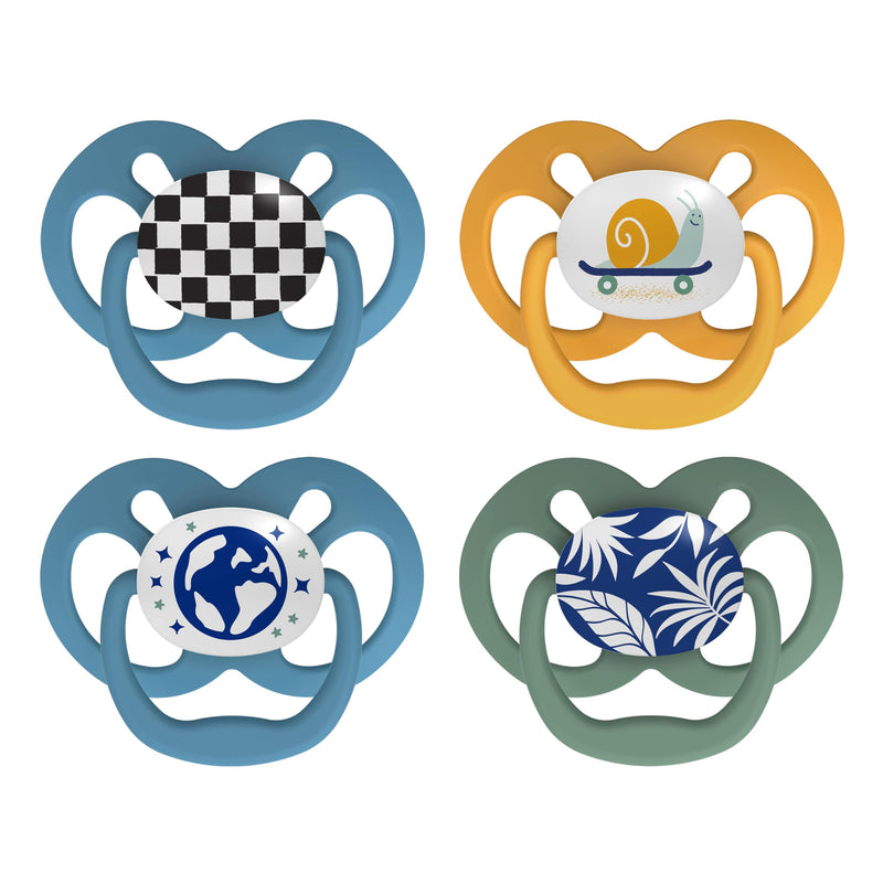 [Australia] - Dr. Brown's Advantage Glow-in-the-Dark Baby Pacifier, Fully Symmetrical Soother with Soft Silicone Bulb, 6-18m, BPA Free, Skateboard Snail and Blue Nature, 4 Pack (Style May Vary) Blue Glow-in-the-Dark 