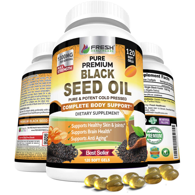 [Australia] - FRESH HEALTHCARE Black Seed Oil Capsules Cold Pressed 1300mg Per Serving, 100% Pure & Premium Non-GMO Nigella Sativa Black Cumin Seed Oil, Supports Immune System, Joint & Skin Health - 120 Capsules 