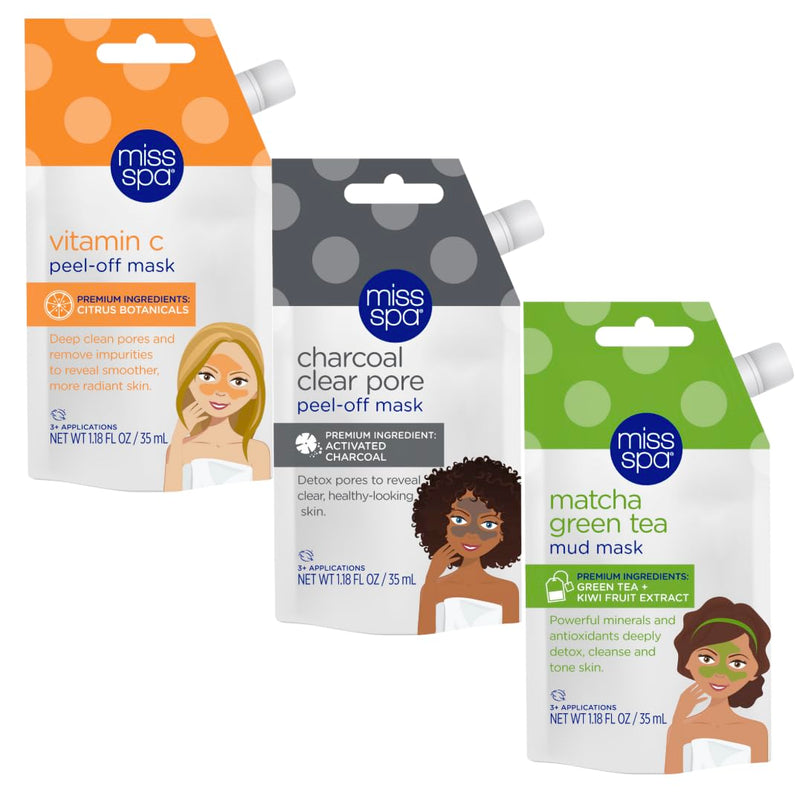 MISS SPA Facial Mask Trio Vitamin C Peel-Off, Charcoal Clear Pore Peel-Off & Matcha Green Tea Mud Mask Exfoliates, Detoxifies, Brightens and Clears Pores, 3 Full-Size Squeeze Tubes