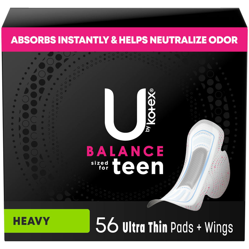 [Australia] - U by Kotex Balance Sized for Teens Ultra Thin Pads with Wings, Heavy Absorbency, 56 Count (4 Packs of 14) (Packaging May Vary) 