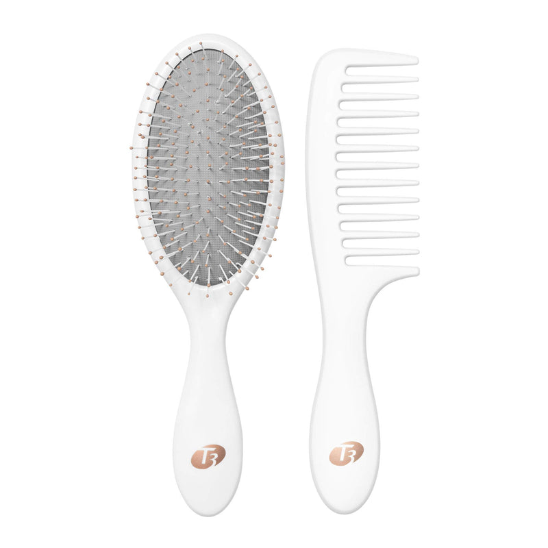 [Australia] - T3 Detangle Duo Brush Set | Detangling Brush and Shower Comb Set | Comb to Disperse Liquid & Brush to Detangle Wet Hair| For All Hair Lengths and Textures, white, 1 Count (Pack of 1) 
