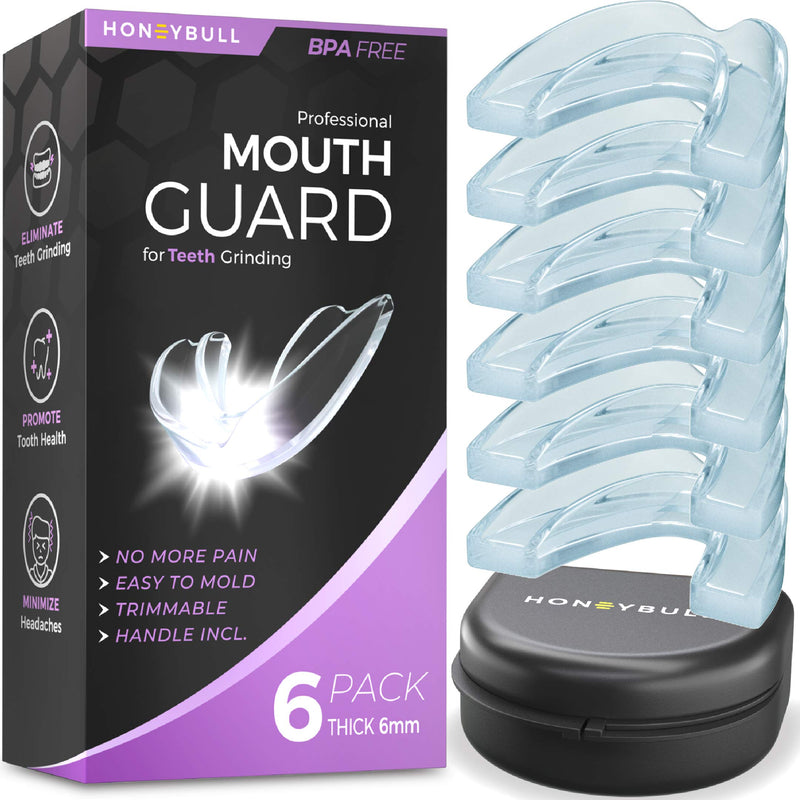 [Australia] - HONEYBULL Anti Grinding Guard Set | Comes in 2 Sizes for Light and Heavy Grinding | Comfortable Custom Mouth Guard for Nighttime Teeth Grinding (Thick, 6, Count) Thick 