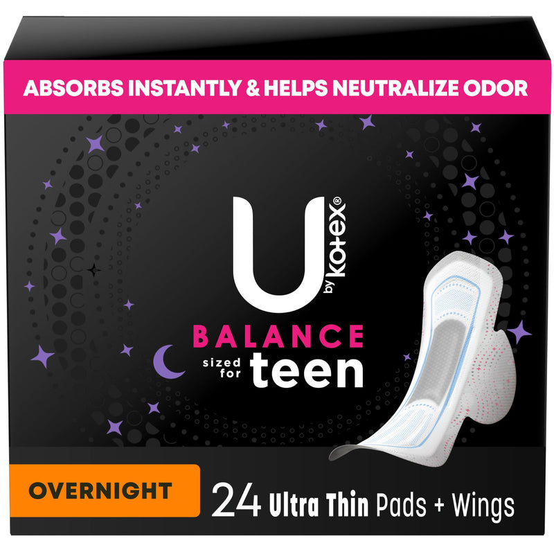 [Australia] - U by Kotex Balance Sized for Teens Ultra Thin Overnight Pads with Wings, 24 Count (Packaging May Vary) 