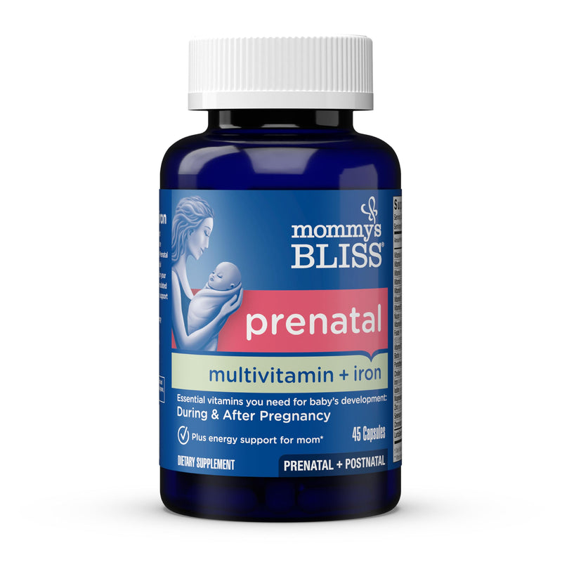 Mommy's Bliss Prenatal Multivitamin with Iron & Folic Acid, 45 Servings | Supports Baby Development + Mom Immune System & Energy Levels w/ B Vitamins & Probiotics, Vegan & Gluten Free 45 Count (Pack of 1) Prenatal Multivitamin + Iron Capsules