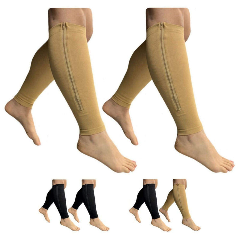 HealthyNees Footless 15-20 mmHg Zipper Compression Leg Calf Shin Sleeve 2 Pairs (Beige Combo, 5X-Large) Beige Combo