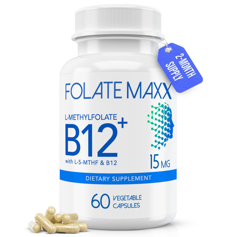 FolateMaxx L Methylfolate 15mg Plus B12 Methyl - 60 Capsules - 5-MTHF with B12 Methylcobalamin Supplement for Mood, Methylation and Cognition - Bioactive Forms of Vitamin B9 & B12-2 Month Supply