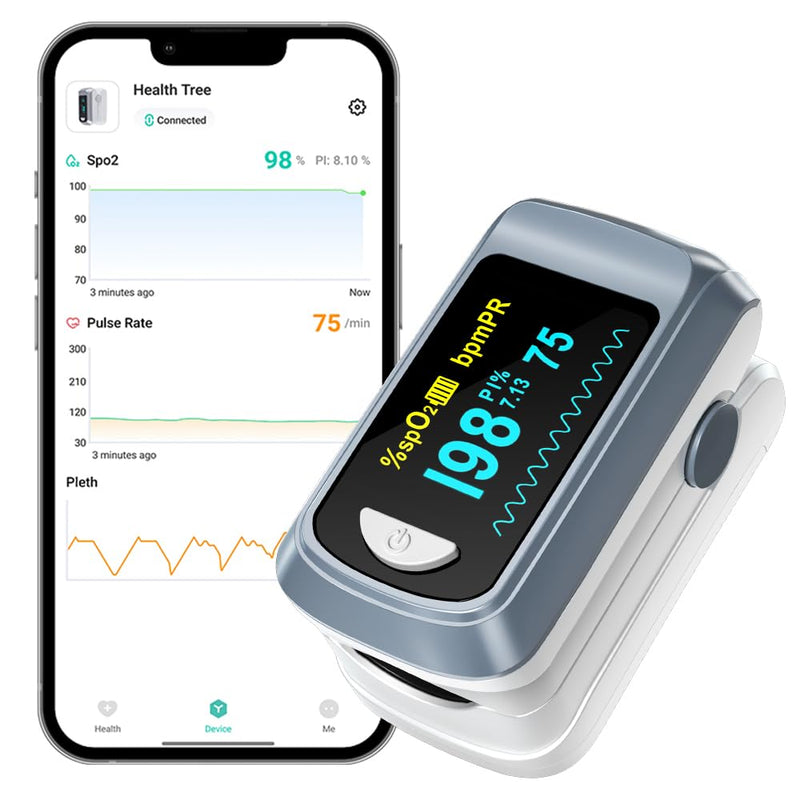 [Australia] - Pulse Oximeter HealthTree Oxygen Monitor Fingertip, Bluetooth Pulse Ox with Free APP, O2 Pulse Oximeter Finger and Heart Rate Monitor, 2 X AAA Batteries, Lanyard Gray 