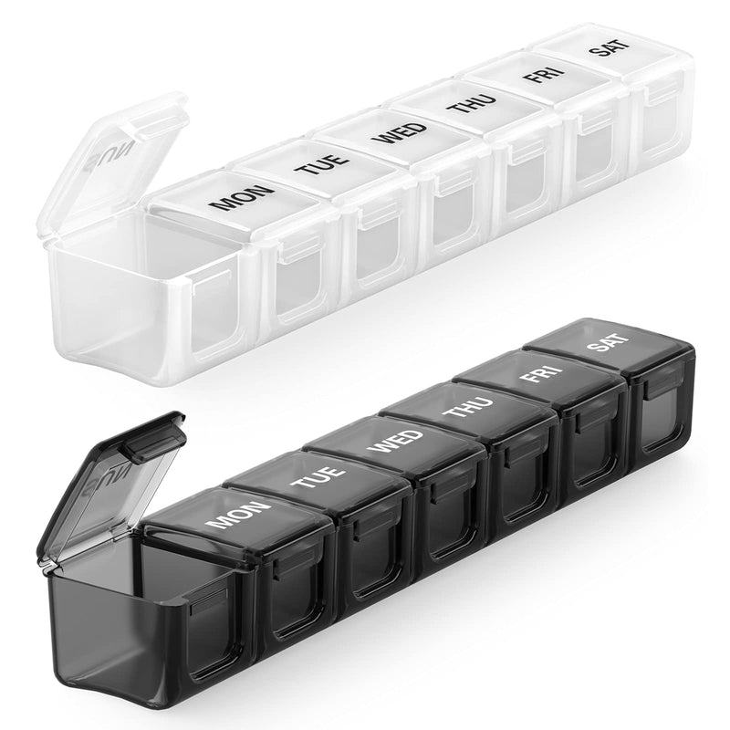 Sukuos Extra Large Weekly Pill Organizer 2 Pcs, Daily Pill Box 7 Day Pill Cases for Medicines, Vitamin, Fish Oils or Supplements, Easy to Clean Black+white